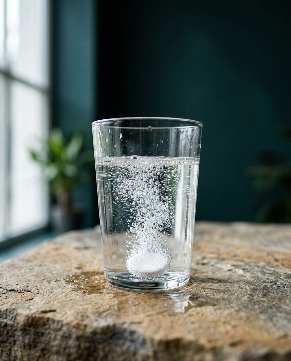 A clear glass of water with a white hydrogen tablet dissolving into fine white bubbles, deep teal wall behind
