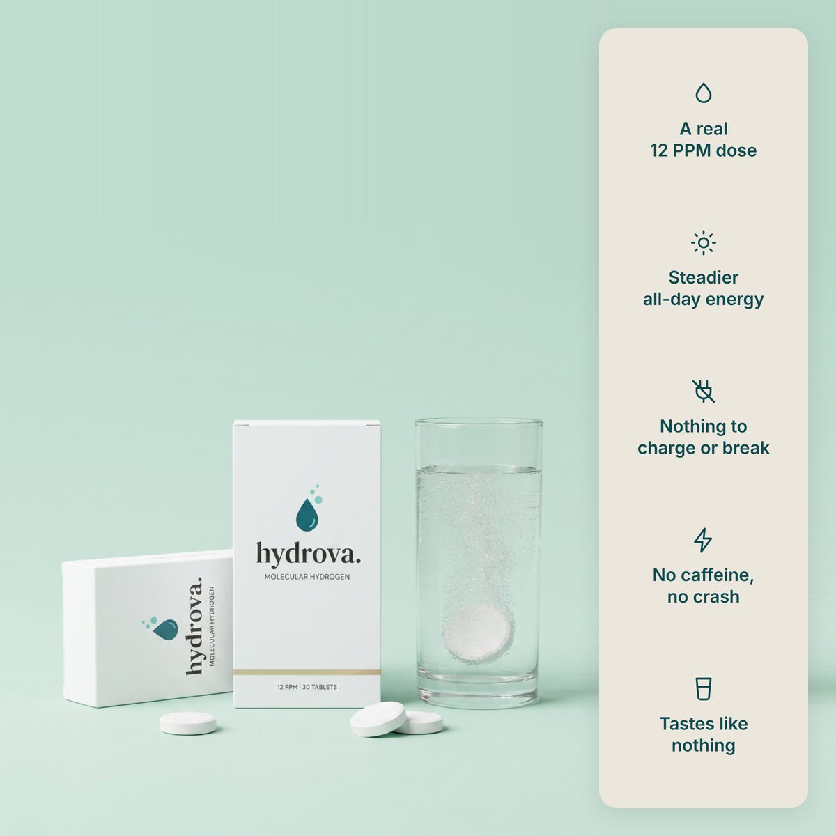 Hydrova molecular hydrogen tablet cartons and a glass of fizzing water, with a list of benefits
