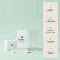 Hydrova molecular hydrogen tablet cartons and a glass of fizzing water, with a list of benefits