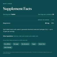 Hydrova supplement facts: magnesium 80 mg (19% DV); each tablet generates up to 12 ppm dissolved molecular hydrogen; other ingredients dextrose, malic acid, tartaric acid, adipic acid