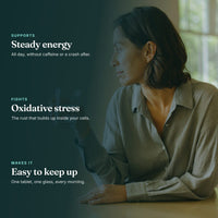 A woman holding a glass of hydrogen water, with the benefits: steady energy, fights oxidative stress, easy to keep up