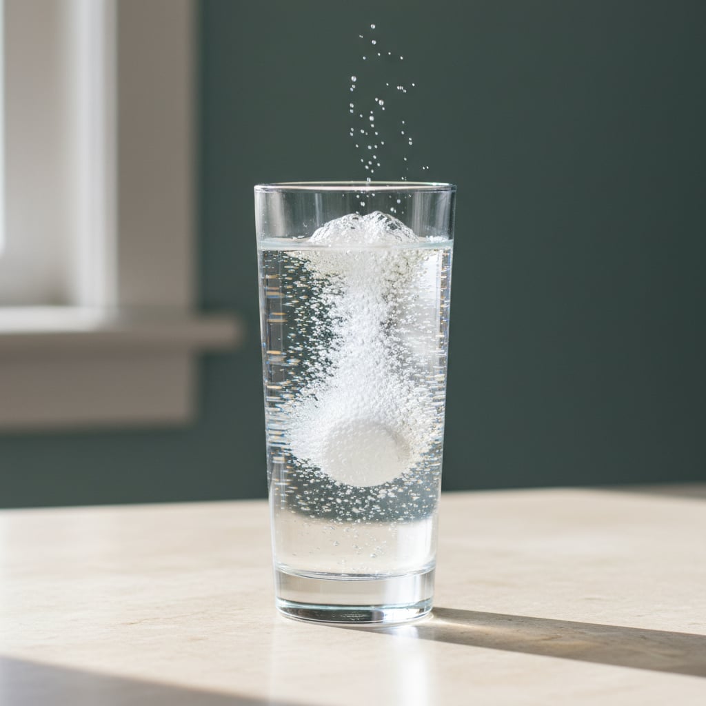 A molecular hydrogen tablet dissolving in a tall glass of clear water