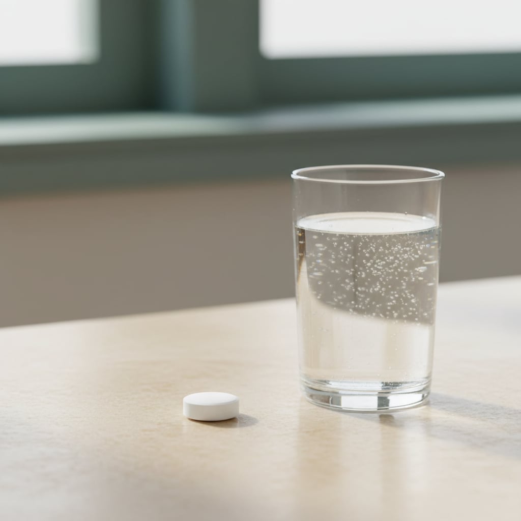 A white hydrogen tablet beside a glass of fizzing clear water