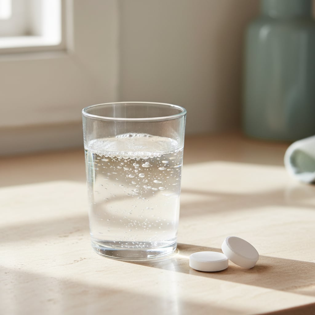 A bright glass of fizzing water with two hydrogen tablets on a kitchen counter
