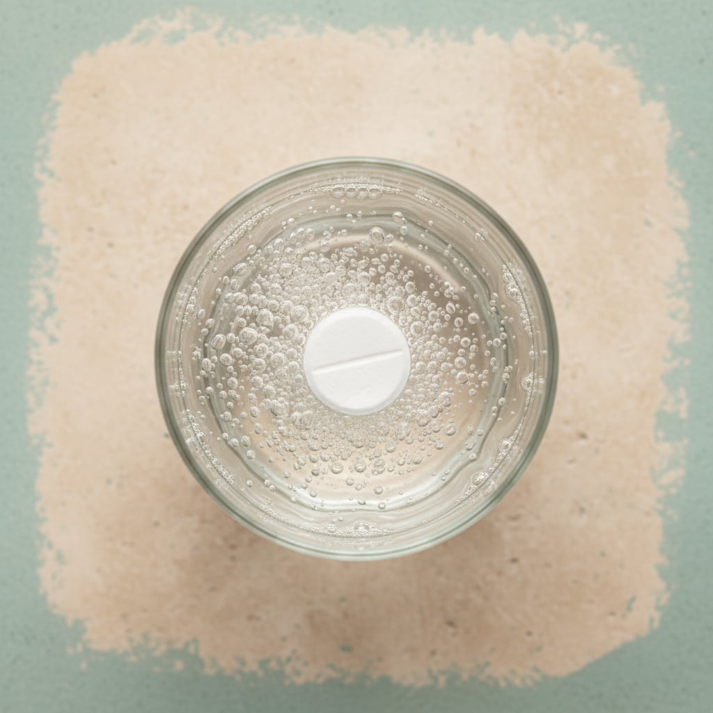 Overhead view of a hydrogen tablet fizzing in a glass of clear water