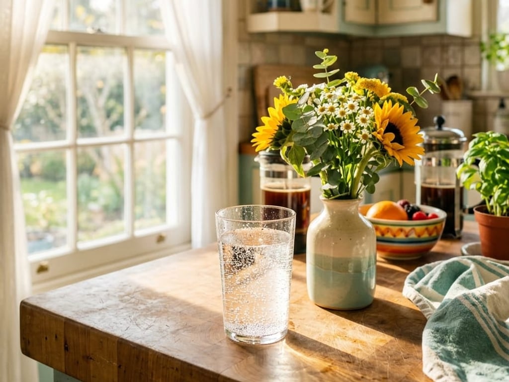 A glass of fizzing water on a kitchen counter by a bright window