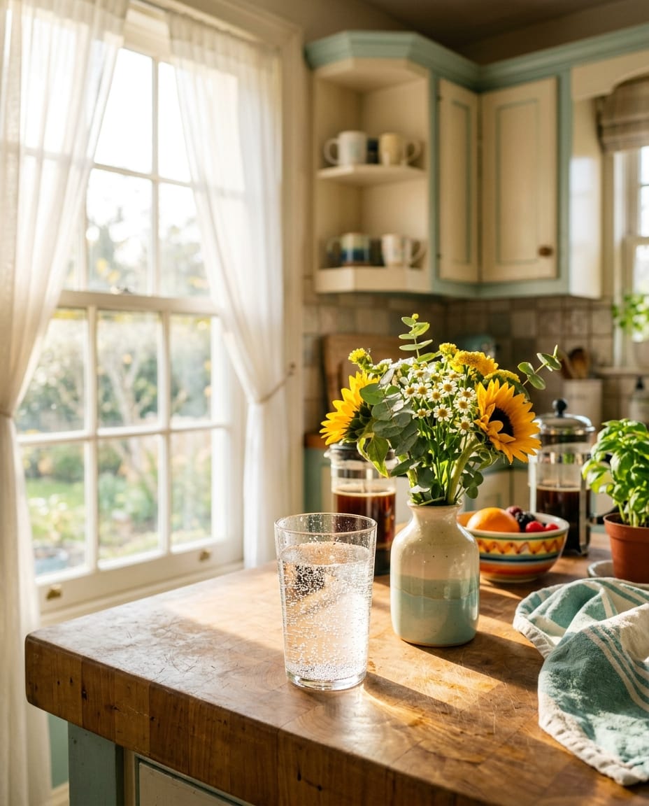 A sunlit kitchen with flowers and a glass of bubbling water