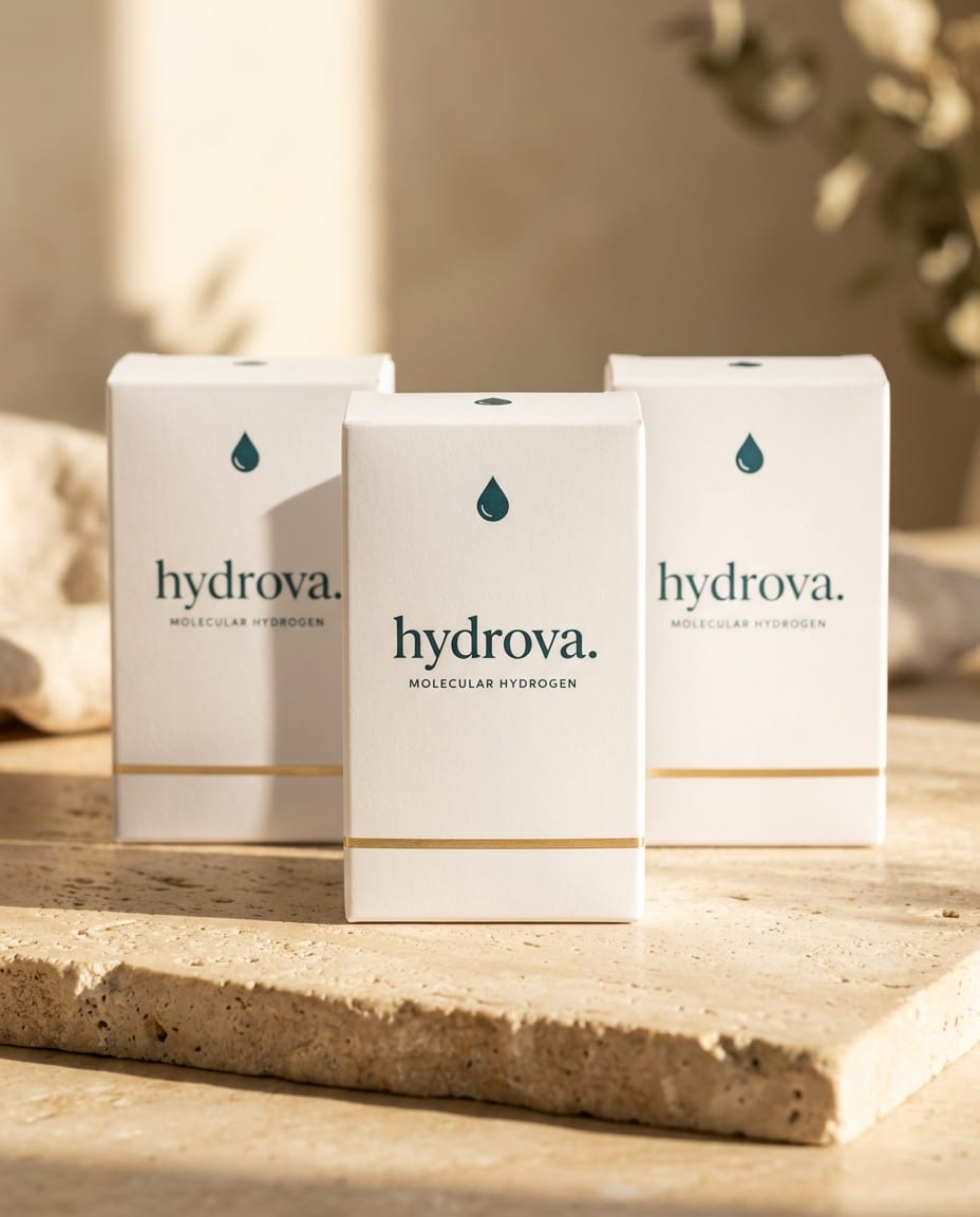 Three Hydrova boxes on a stone counter