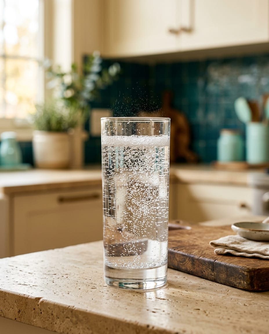 A clear glass of water fizzing with white hydrogen bubbles on a kitchen counter in morning light