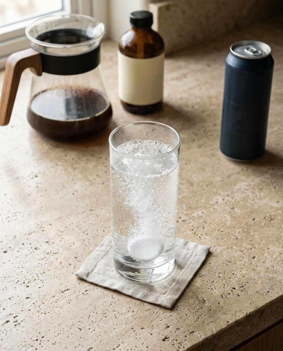 A coffee pot, a vitamin bottle, and an energy drink pushed to the edges of a counter, with a glass of water and a fizzing tablet in the center
