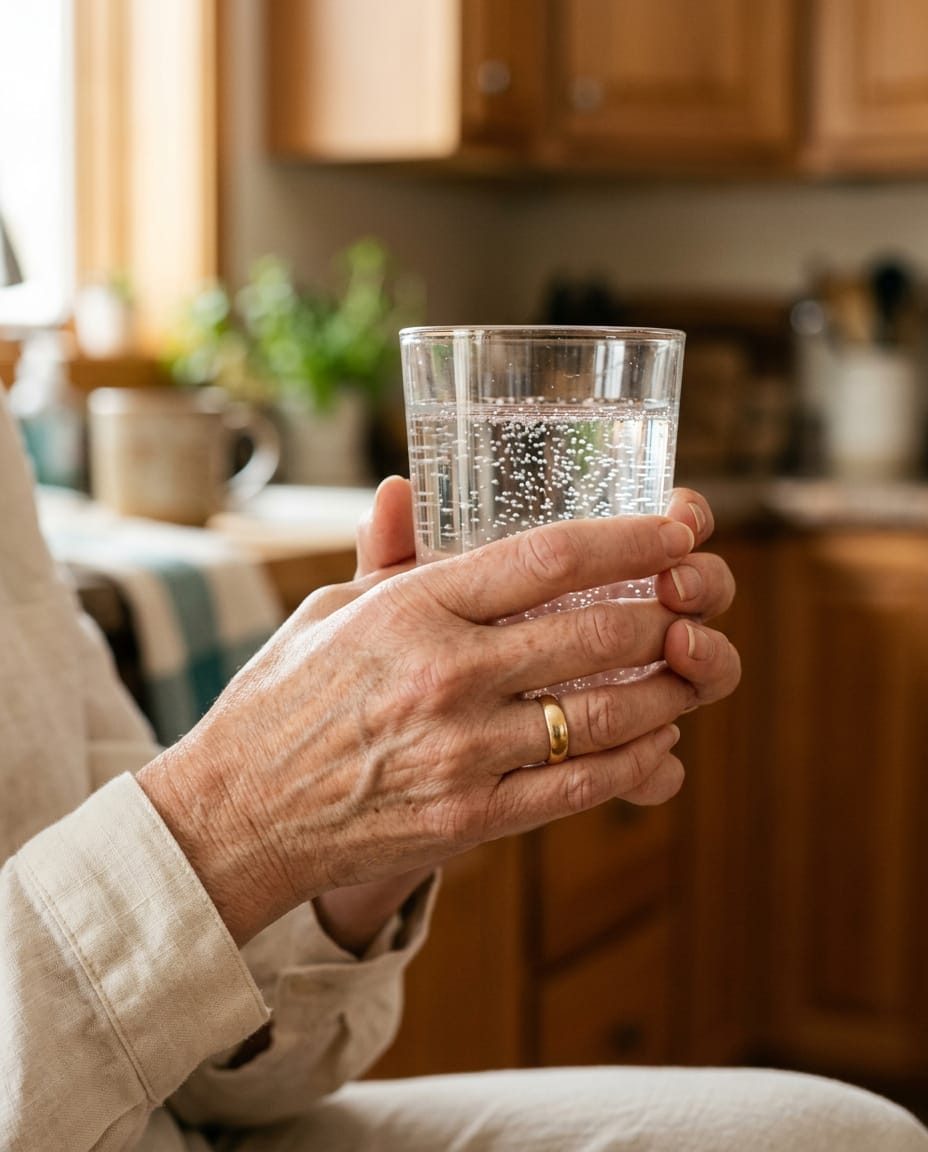 A woman's hands holding a glass of sparkling hydrogen water in a warm kitchen