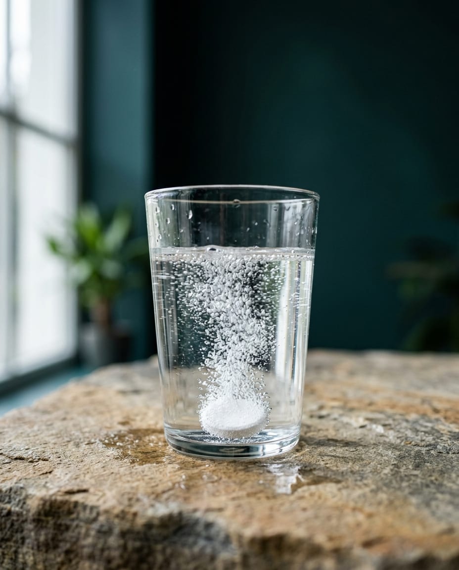 A white tablet dissolving in a clear glass against a deep teal wall