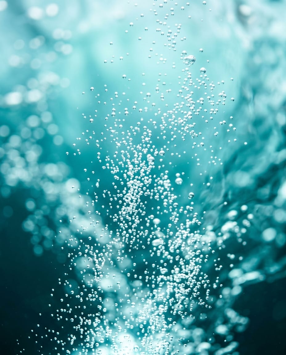 Thousands of tiny bubbles rising through clear water lit in soft aqua