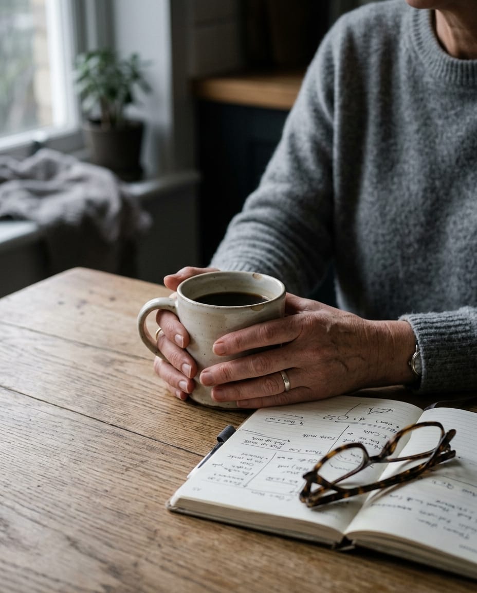 A woman's hands wrapped around a coffee mug beside an open planner in early morning light