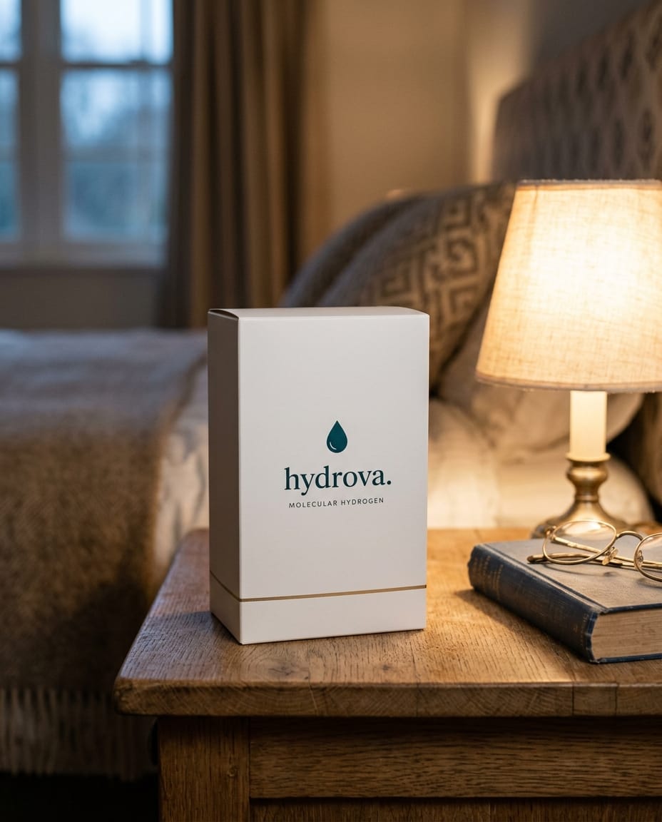A white Hydrova tablet box on a wooden nightstand beside a lamp, book, and reading glasses