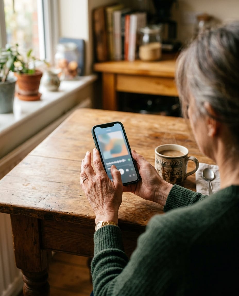 A woman's hands holding a phone with a podcast playing, coffee beside her