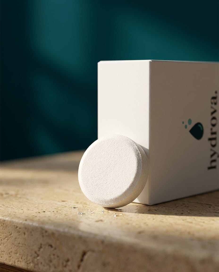 A single white tablet leaning against the Hydrova box
