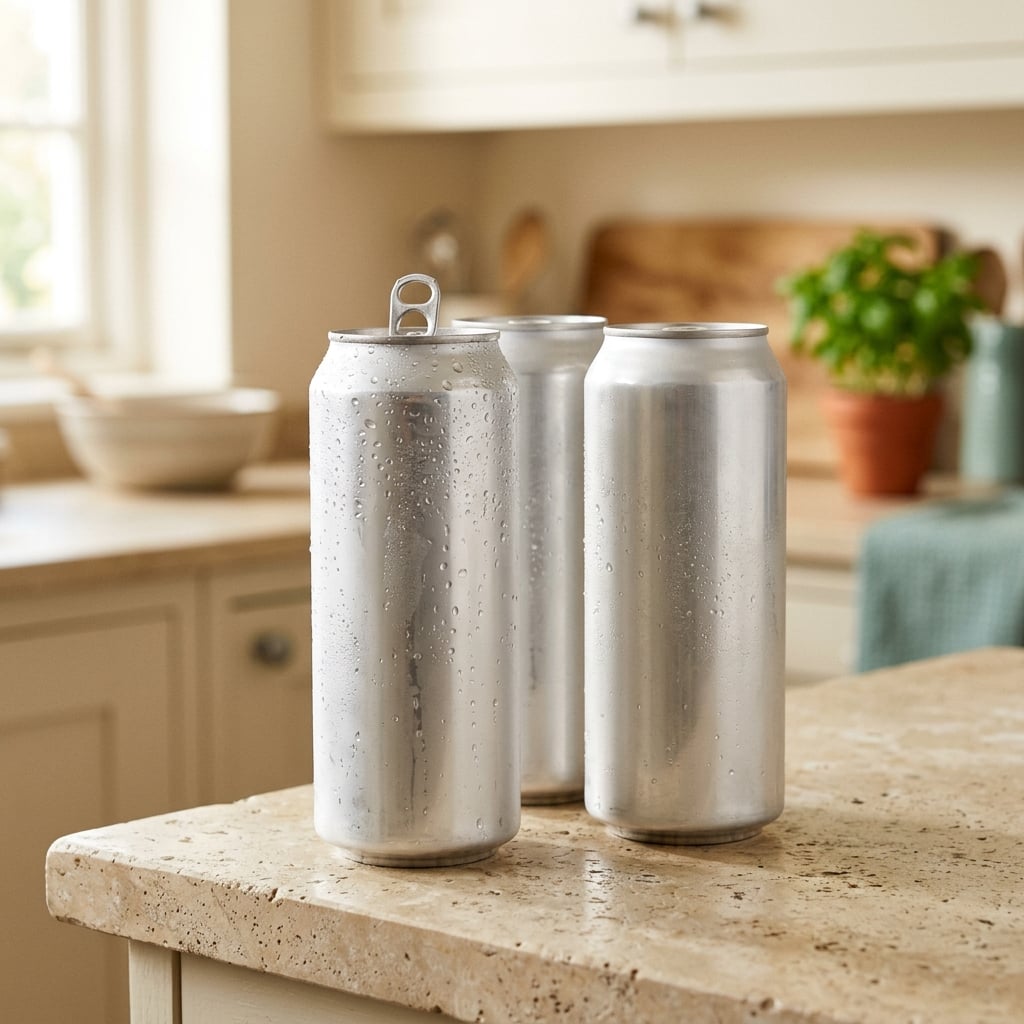 Plain aluminum cans of hydrogen water on a counter