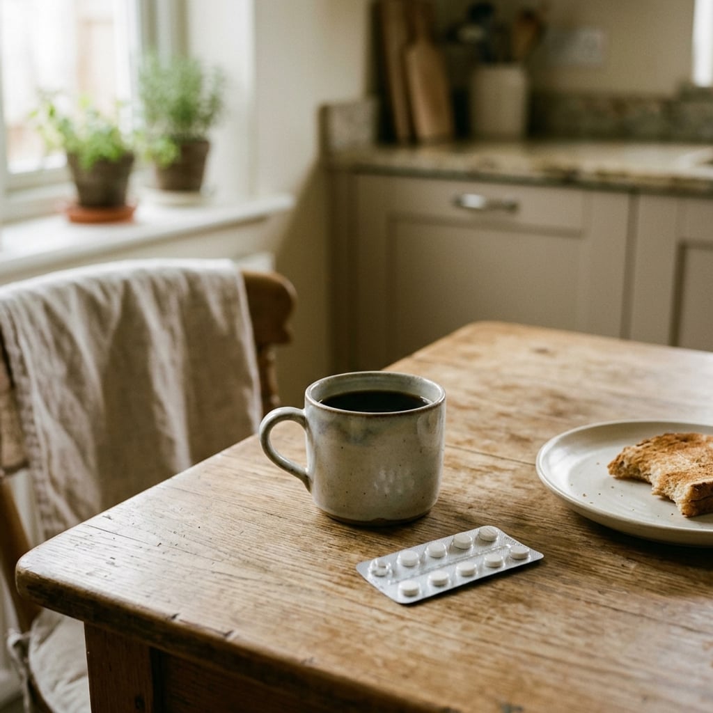 A cup of black coffee next to a small blister pack of pills on a kitchen table