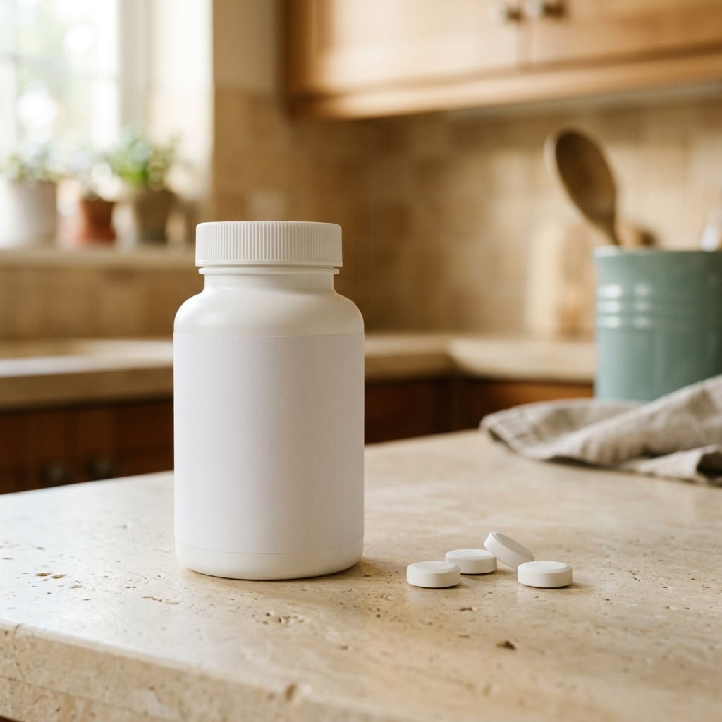 A plain white supplement bottle with loose white tablets on a counter